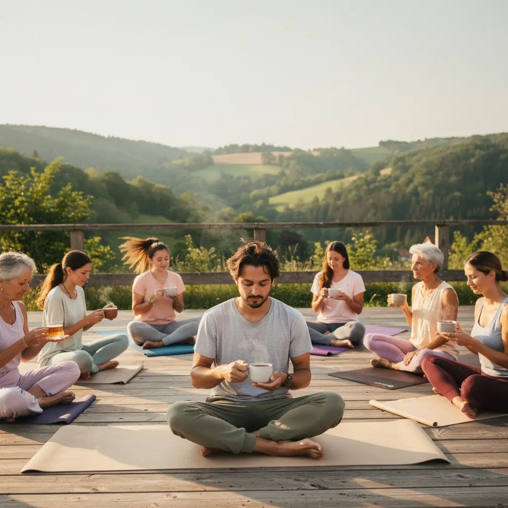 Pohľad na relaxačný kútik s čajovým stolíkom a bylinkami