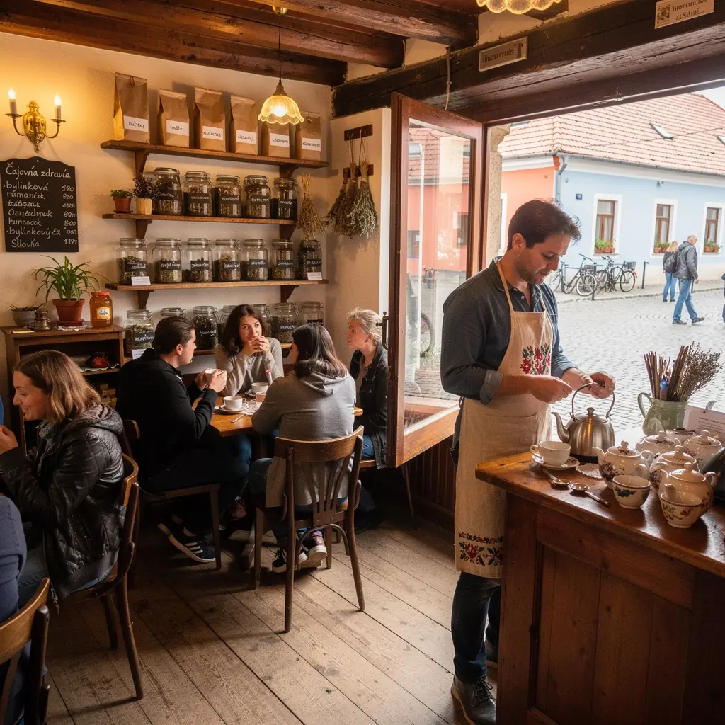 Zelený čaj s bylinkami na relaxáciu v šálke na drevenom stole