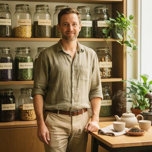 Šálka upokojujúceho bylinkového čaju na drevenom stole s jemnými kvetinami v pozadí.